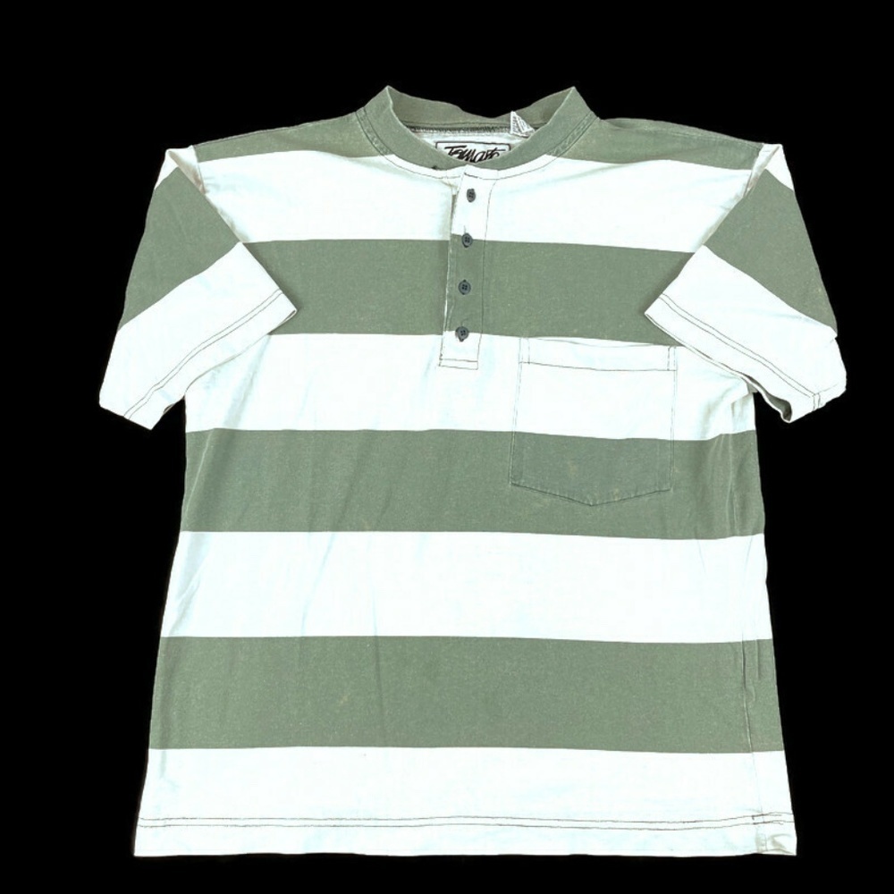 Tomato Mens Tshirt Striped Green White Button Med